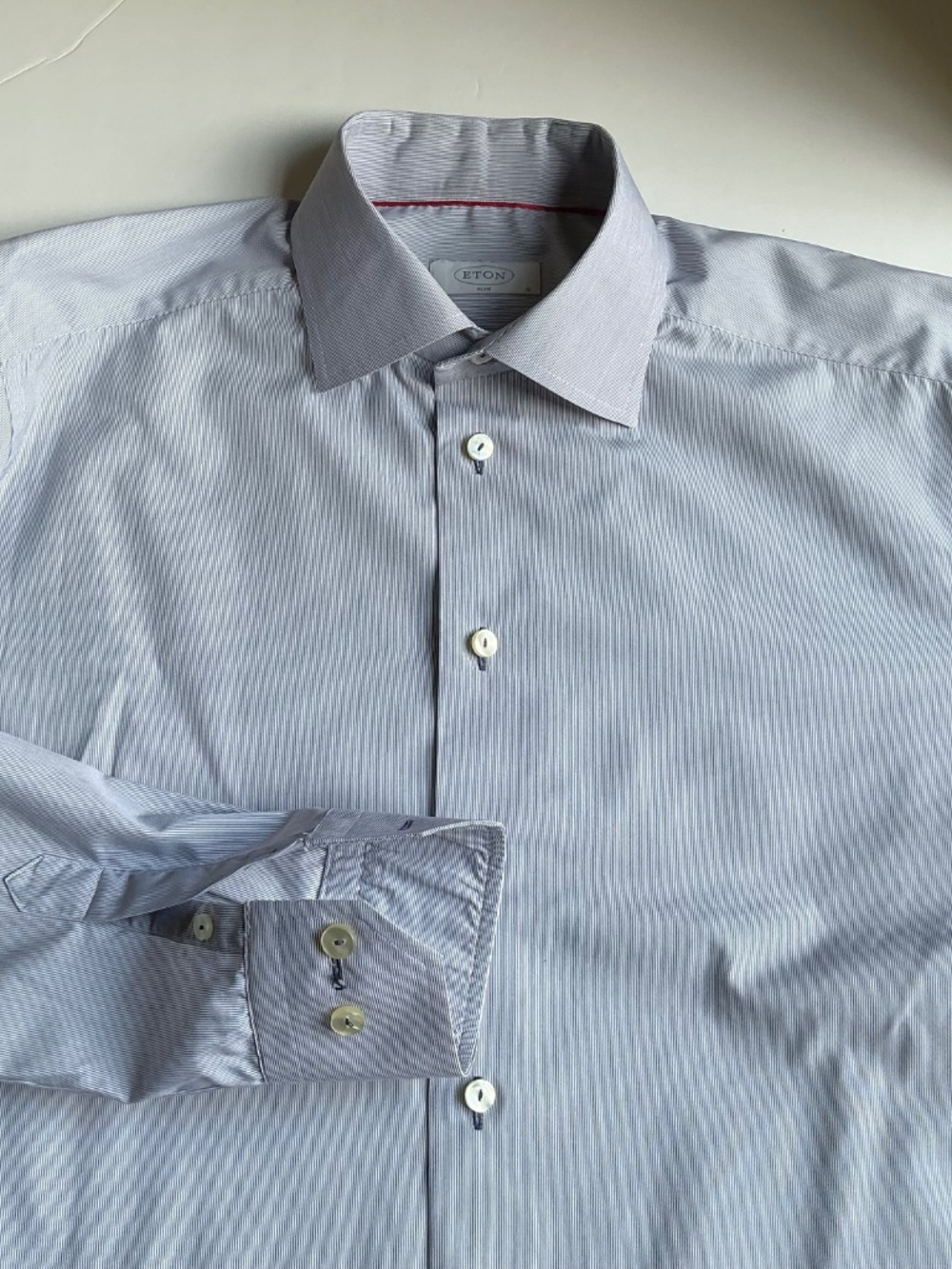 ETON slim pinstriped pale gray cotton  dress shirt Sz L 16 made in Romania 🇷🇴